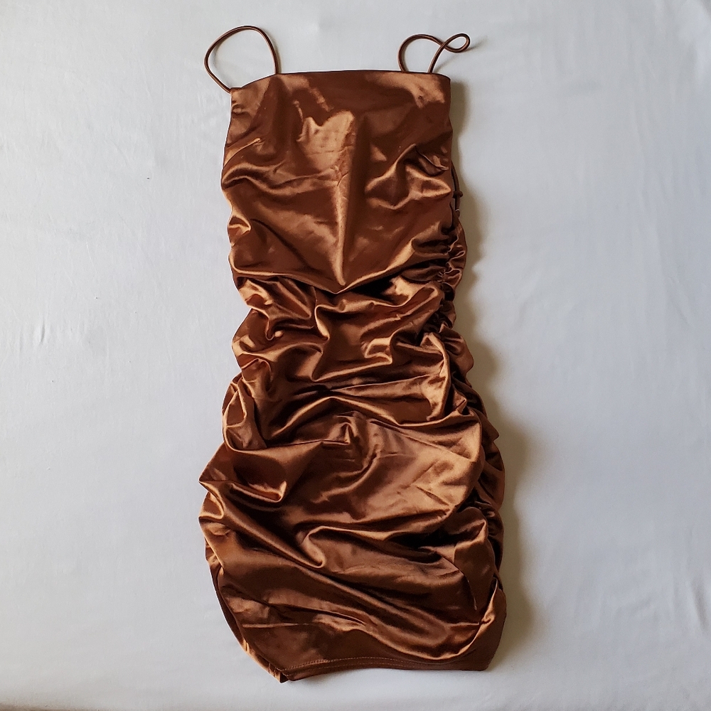 Brown satin dress- small- fashion nova